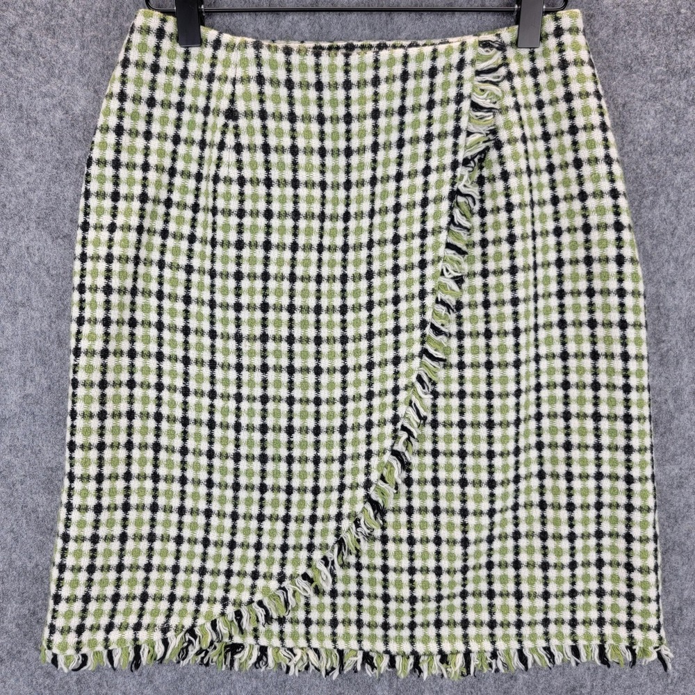 Bentley A‎ Skirt Womens 2 Green Black White Plaid Fringe Wool Blend Wrap Lined